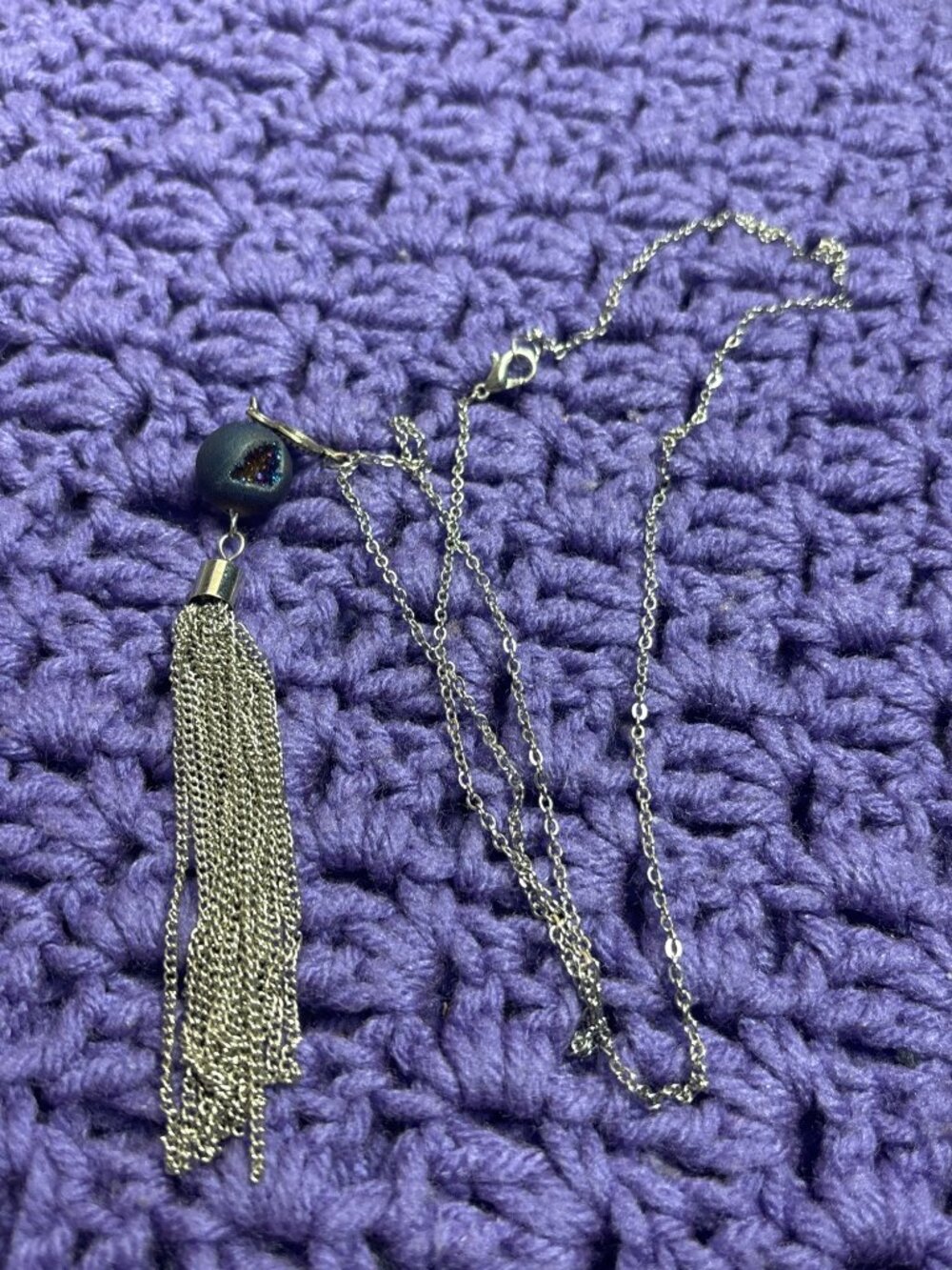Geode Bead Silvertone Chain Tassel Pendant Necklace 30 inches 5 inch Pendant